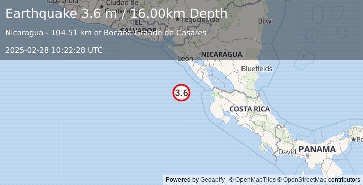 Earthquake OFF COAST OF COSTA RICA (3.6 m) (2025-02-28 10:22:28 UTC)