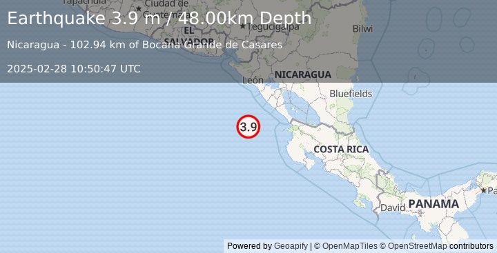 Earthquake OFF COAST OF COSTA RICA (3.9 m) (2025-02-28 10:50:47 UTC)