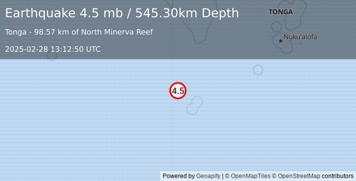 Earthquake SOUTH OF FIJI ISLANDS (4.5 mb) (2025-02-28 13:12:50 UTC)