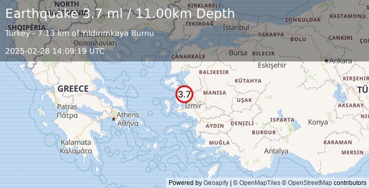 Earthquake NEAR THE COAST OF WESTERN TURKEY (4.0 mw) (2025-02-28 14:09:18 UTC)