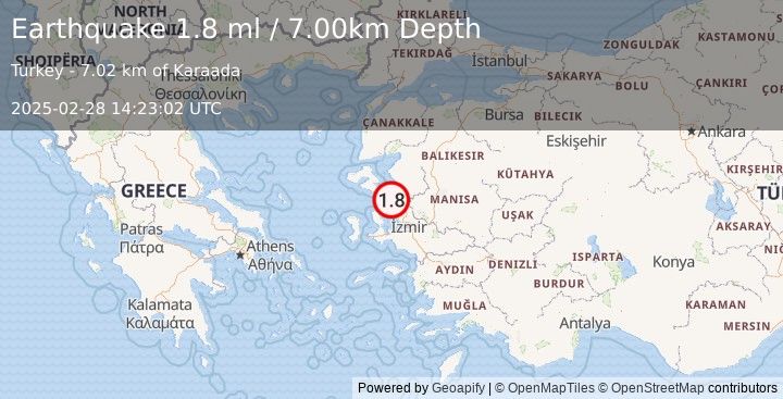 Earthquake NEAR THE COAST OF WESTERN TURKEY (1.8 ml) (2025-02-28 14:23:02 UTC)