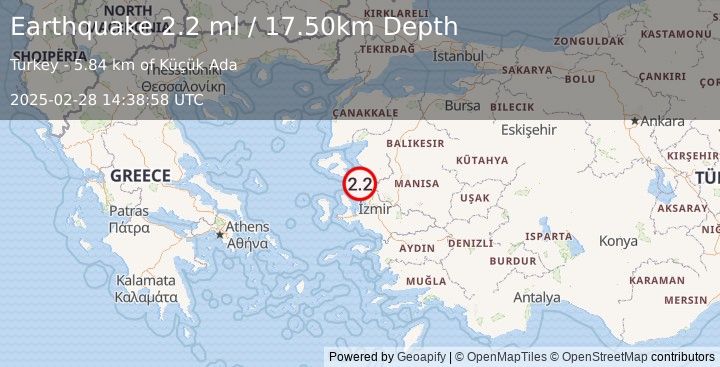 Earthquake NEAR THE COAST OF WESTERN TURKEY (2.2 ml) (2025-02-28 14:38:58 UTC)