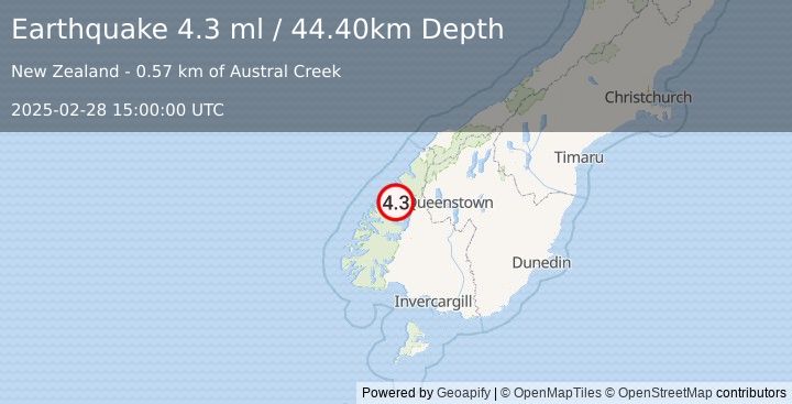 Earthquake SOUTH ISLAND OF NEW ZEALAND (4.3 ml) (2025-02-28 15:00:00 UTC)