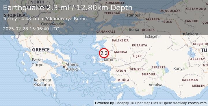 Earthquake NEAR THE COAST OF WESTERN TURKEY (2.3 ml) (2025-02-28 15:06:40 UTC)