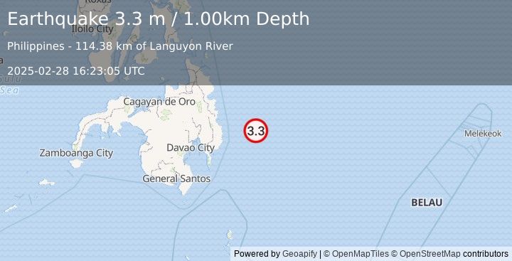 Earthquake PHILIPPINE ISLANDS REGION (3.3 m) (2025-02-28 16:23:05 UTC)