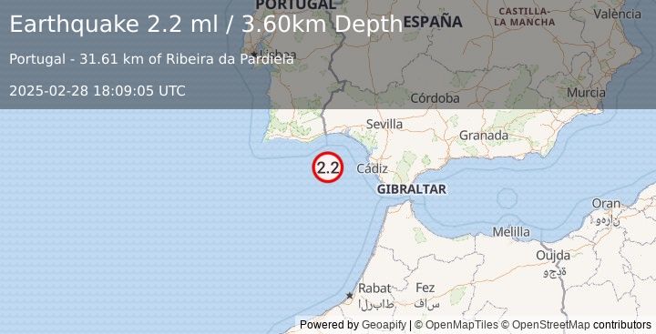 Earthquake STRAIT OF GIBRALTAR (2.2 ml) (2025-02-28 18:09:05 UTC)