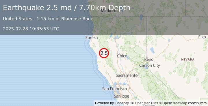 Earthquake NORTHERN CALIFORNIA (2.5 md) (2025-02-28 19:35:53 UTC)