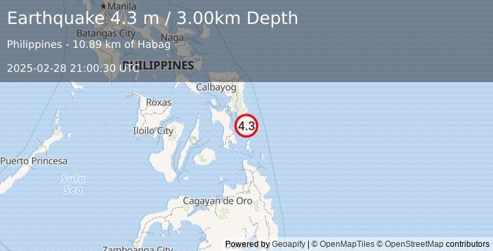 Earthquake LEYTE, PHILIPPINES (4.3 m) (2025-02-28 21:00:30 UTC)