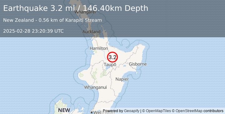 Earthquake NORTH ISLAND OF NEW ZEALAND (3.2 ml) (2025-02-28 23:20:39 UTC)