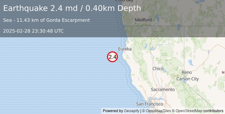 Earthquake OFFSHORE NORTHERN CALIFORNIA (2.4 md) (2025-02-28 23:30:48 UTC)