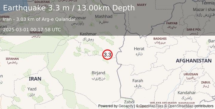 Earthquake NORTHEASTERN IRAN (3.3 m) (2025-03-01 00:17:58 UTC)