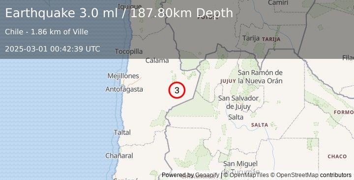 Earthquake ANTOFAGASTA, CHILE (3.0 ml) (2025-03-01 00:42:39 UTC)