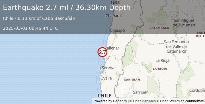 Earthquake OFFSHORE ATACAMA, CHILE (2.7 ml) (2025-03-01 00:45:44 UTC)