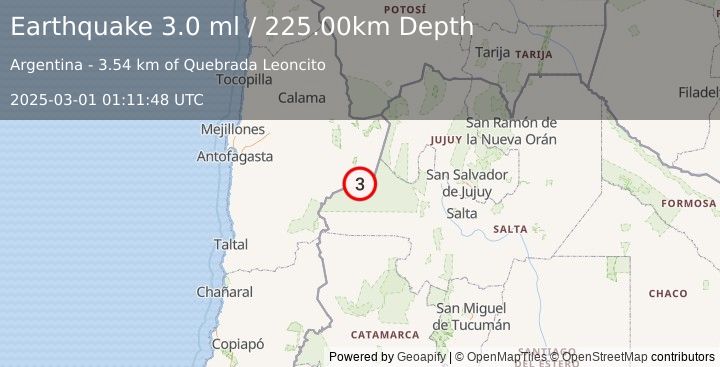 Earthquake SALTA, ARGENTINA (3.0 ml) (2025-03-01 01:11:48 UTC)