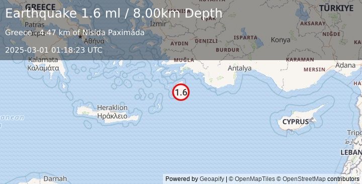 Earthquake DODECANESE IS.-TURKEY BORDER REG (1.6 ml) (2025-03-01 01:18:23 UTC)