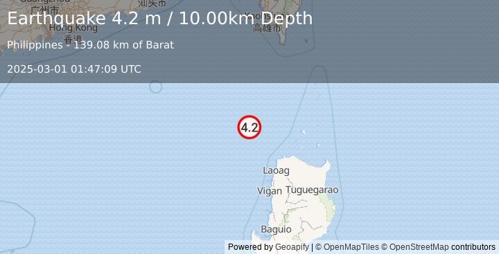 Earthquake PHILIPPINE ISLANDS REGION (4.2 m) (2025-03-01 01:47:09 UTC)