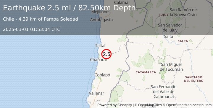 Earthquake ATACAMA, CHILE (2.5 ml) (2025-03-01 01:53:04 UTC)