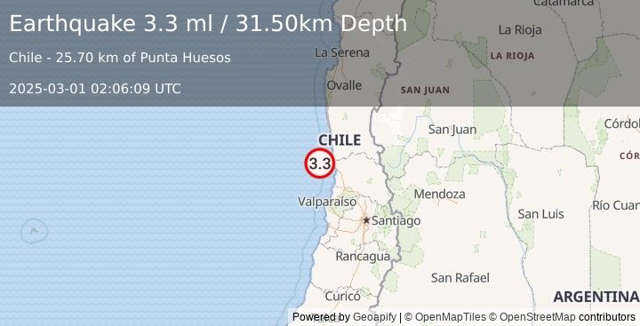 Earthquake OFFSHORE VALPARAISO, CHILE (3.3 ml) (2025-03-01 02:06:09 UTC)