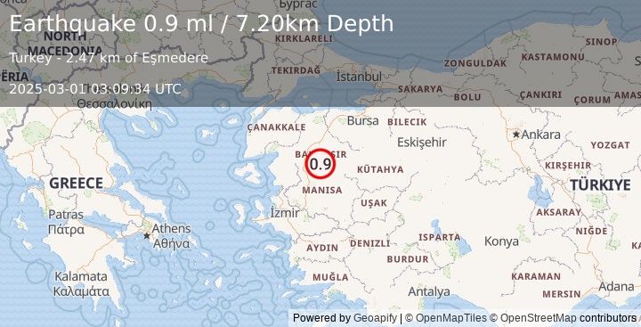 Earthquake WESTERN TURKEY (0.9 ml) (2025-03-01 03:09:34 UTC)