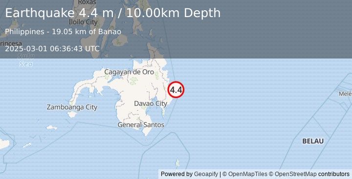 Earthquake MINDANAO, PHILIPPINES (4.4 m) (2025-03-01 06:36:43 UTC)