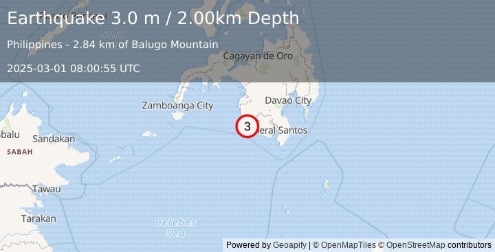 Earthquake MINDANAO, PHILIPPINES (3.0 m) (2025-03-01 08:00:55 UTC)