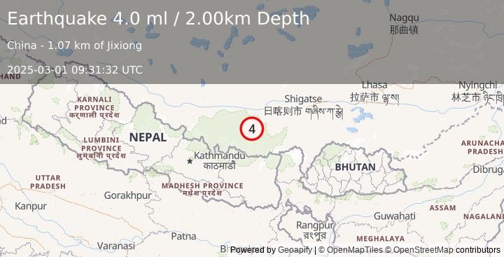 Earthquake WESTERN XIZANG (4.0 ml) (2025-03-01 09:31:32 UTC)