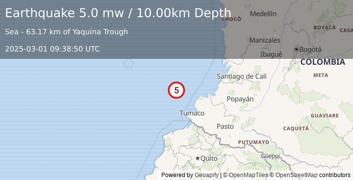 Earthquake SOUTH OF PANAMA (5.0 mw) (2025-03-01 09:38:50 UTC)