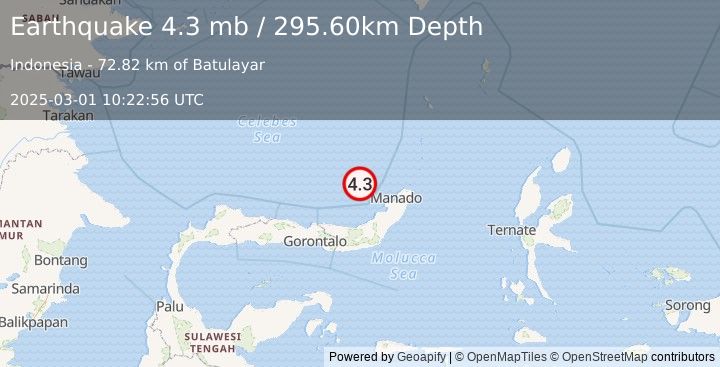 Earthquake MINAHASA, SULAWESI, INDONESIA (4.3 mb) (2025-03-01 10:22:56 UTC)