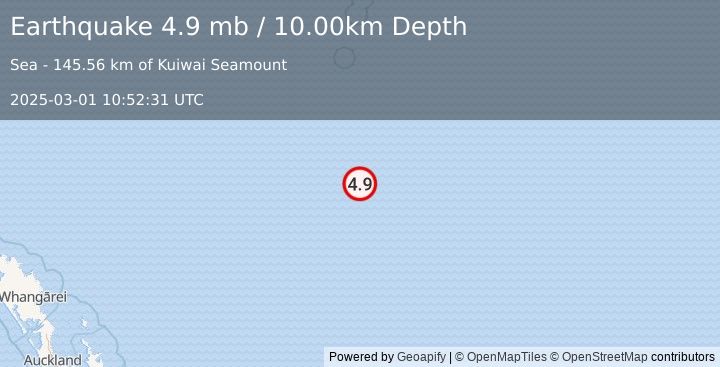 Earthquake SOUTH OF KERMADEC ISLANDS (4.9 mb) (2025-03-01 10:52:31 UTC)