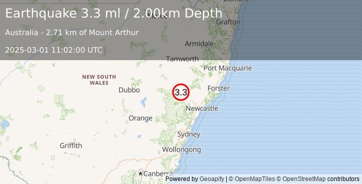 Earthquake NEW SOUTH WALES, AUSTRALIA (3.3 ml) (2025-03-01 11:02:00 UTC)