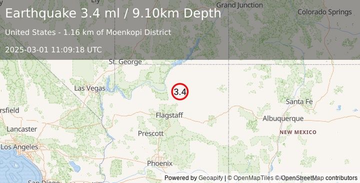 Earthquake ARIZONA (3.4 ml) (2025-03-01 11:09:18 UTC)