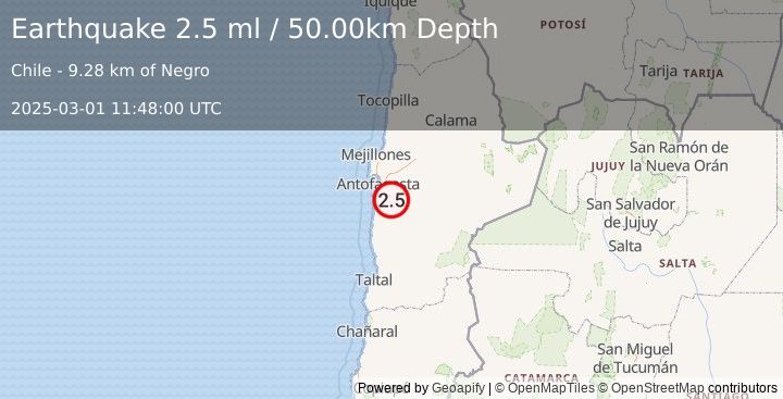 Earthquake ANTOFAGASTA, CHILE (2.5 ml) (2025-03-01 11:48:00 UTC)