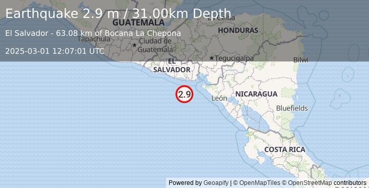 Earthquake OFFSHORE EL SALVADOR (2.9 m) (2025-03-01 12:07:01 UTC)