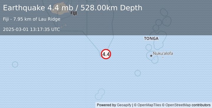 Earthquake FIJI REGION (4.4 mb) (2025-03-01 13:17:35 UTC)