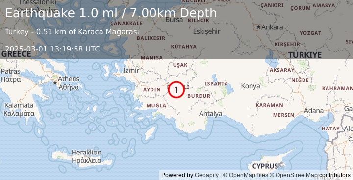 Earthquake WESTERN TURKEY (1.0 ml) (2025-03-01 13:19:58 UTC)