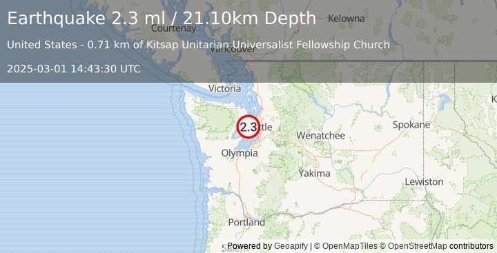 Earthquake SEATTLE-TACOMA AREA, WASHINGTON (2.3 ml) (2025-03-01 14:43:30 UTC)