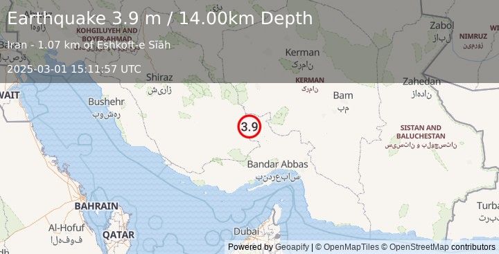 Earthquake SOUTHERN IRAN (3.9 m) (2025-03-01 15:11:57 UTC)