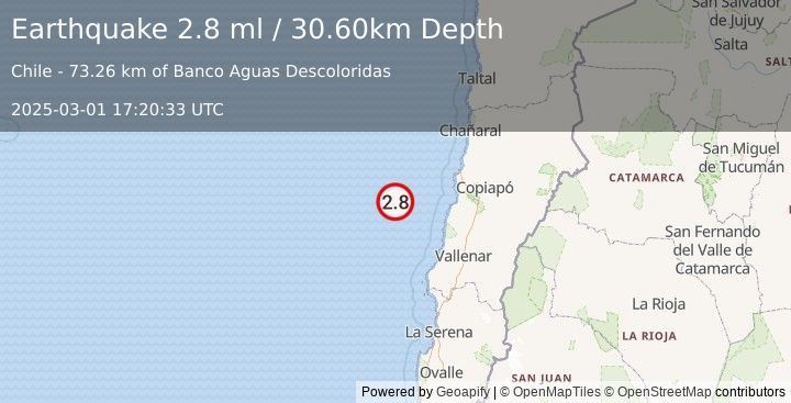 Earthquake OFF COAST OF ATACAMA, CHILE (2.8 ml) (2025-03-01 17:20:33 UTC)