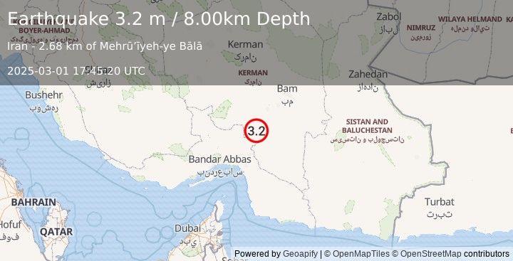 Earthquake SOUTHERN IRAN (3.2 m) (2025-03-01 17:45:20 UTC)