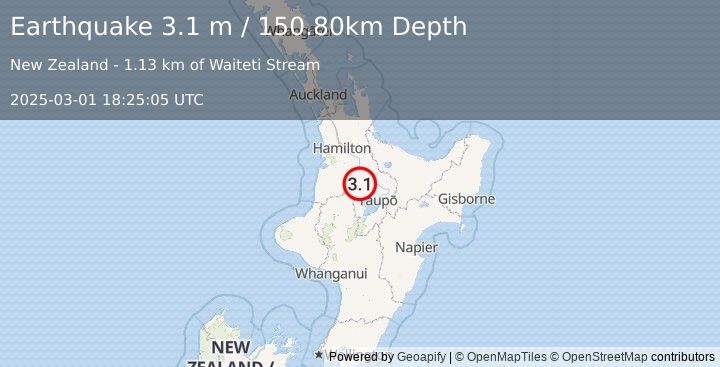 Earthquake NORTH ISLAND OF NEW ZEALAND (3.1 m) (2025-03-01 18:25:05 UTC)