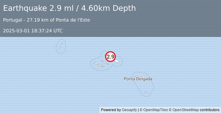 Earthquake AZORES ISLANDS, PORTUGAL (2.9 ml) (2025-03-01 18:37:24 UTC)