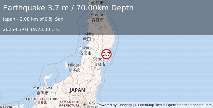 Earthquake NEAR EAST COAST OF HONSHU, JAPAN (3.7 m) (2025-03-01 19:23:30 UTC)