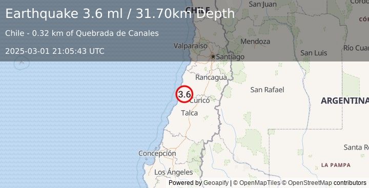 Earthquake LIBERTADOR O'HIGGINS, CHILE (3.6 ml) (2025-03-01 21:05:40 UTC)