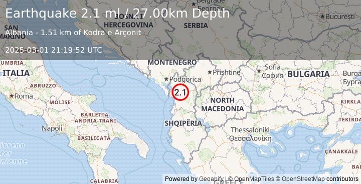 Earthquake SERBIA (2.3 ml) (2025-03-01 21:19:28 UTC)