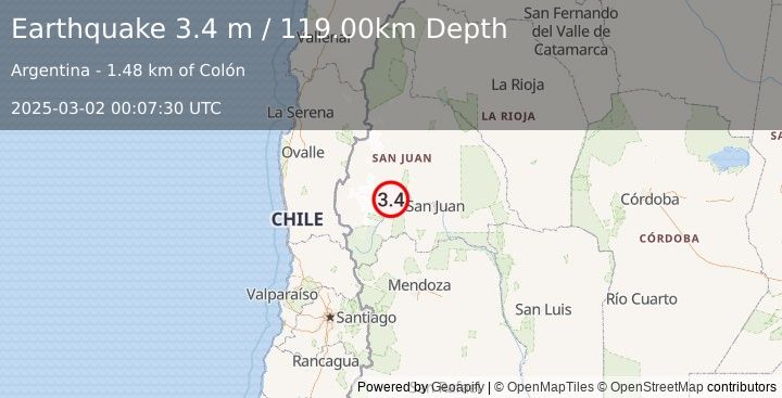 Earthquake SAN JUAN, ARGENTINA (3.4 m) (2025-03-02 00:07:30 UTC)