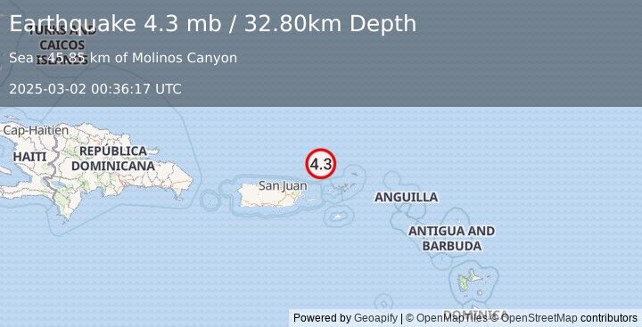 Earthquake PUERTO RICO REGION (4.3 mb) (2025-03-02 00:36:17 UTC)