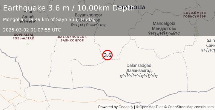 Earthquake CENTRAL MONGOLIA (3.6 m) (2025-03-02 01:07:55 UTC)