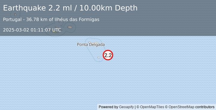 Earthquake AZORES ISLANDS REGION (2.2 ml) (2025-03-02 01:11:07 UTC)