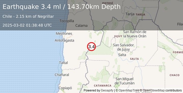 Earthquake ANTOFAGASTA, CHILE (3.4 ml) (2025-03-02 01:38:48 UTC)