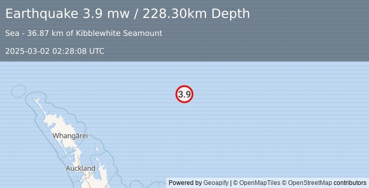 Earthquake SOUTH OF KERMADEC ISLANDS (3.9 mw) (2025-03-02 02:28:08 UTC)